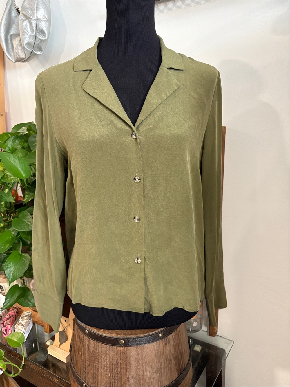 Olive Green Button-Front Women's Blouse